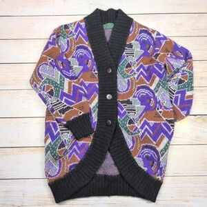 Vintage Vera Pelle Abstract Wool Mohair Blend‎ Cardigan Sweater Colorful M